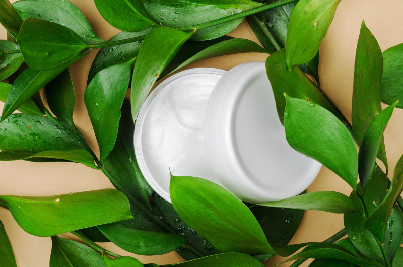 Private Label Skincare image for Sourcing, features a jar of skincare in leaves